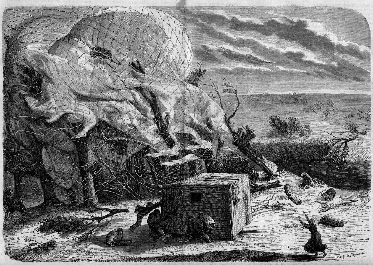 Ballonens fald ""Le Geant"" på Hannovers sletter i 1863 med ombord: Jules og Louis Godard, Felix Nadar, hans kone, Fernand Montgolfier og Thirion. Luftfarten forsøger at redde Ms. Nadar, fanget under kurven. Indgravering i ""Verdensbilledet". af French School