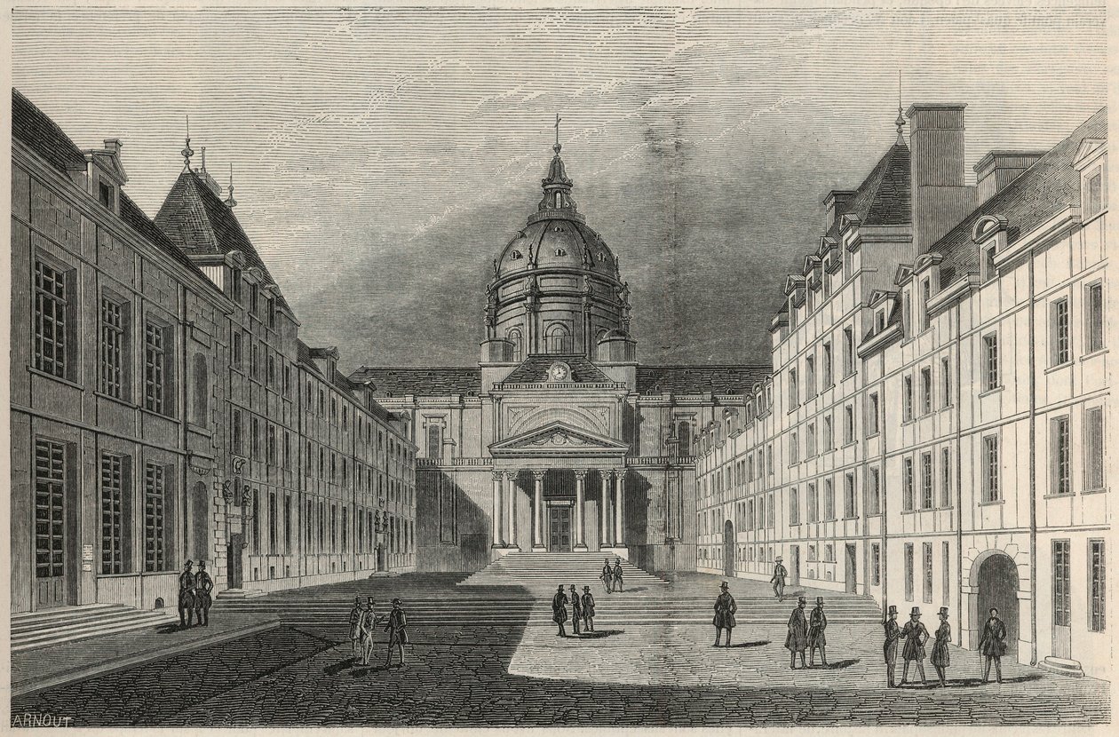 Gården til Sorbonne i Paris i det 19. århundrede - Indgravering i "Tableau-de-Paris" af Edmond Texier 1852 af French School