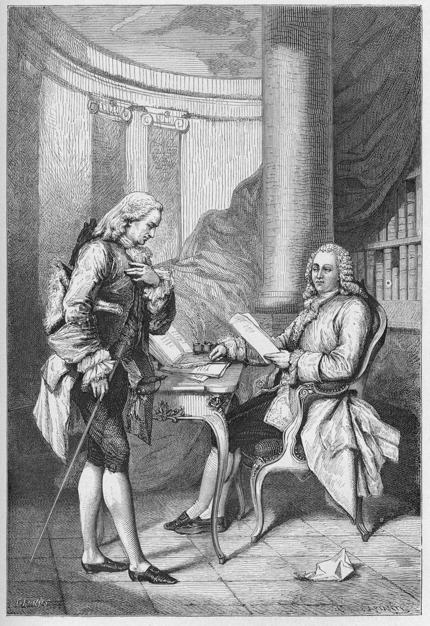 La demission de Turgot 1776 - Ludvig XVI (1754-1793), konge af Frankrig, og Anne Robert Jacques Turgot (1727-1781) - Turgots afskedigelse - gravering fra "" L