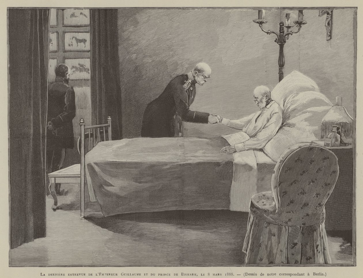 Det sidste møde mellem kejser Wilhelm og prins Bismark, 8. marts 1888 (kobberstik) af French School