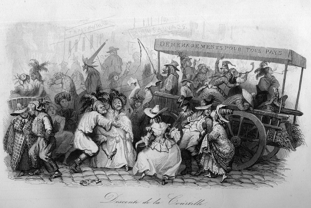 Nedstigningen af ​​courtille (“Le carnival”” sang af Marc-Antoine Madeleine Desaugiers) i “” - CHANS og CHANS POPULES DE LA FRANCE - 1843 - H.- L. DELLOYE, udgiver, LIBRAIRIE DE GARNIER. af French School