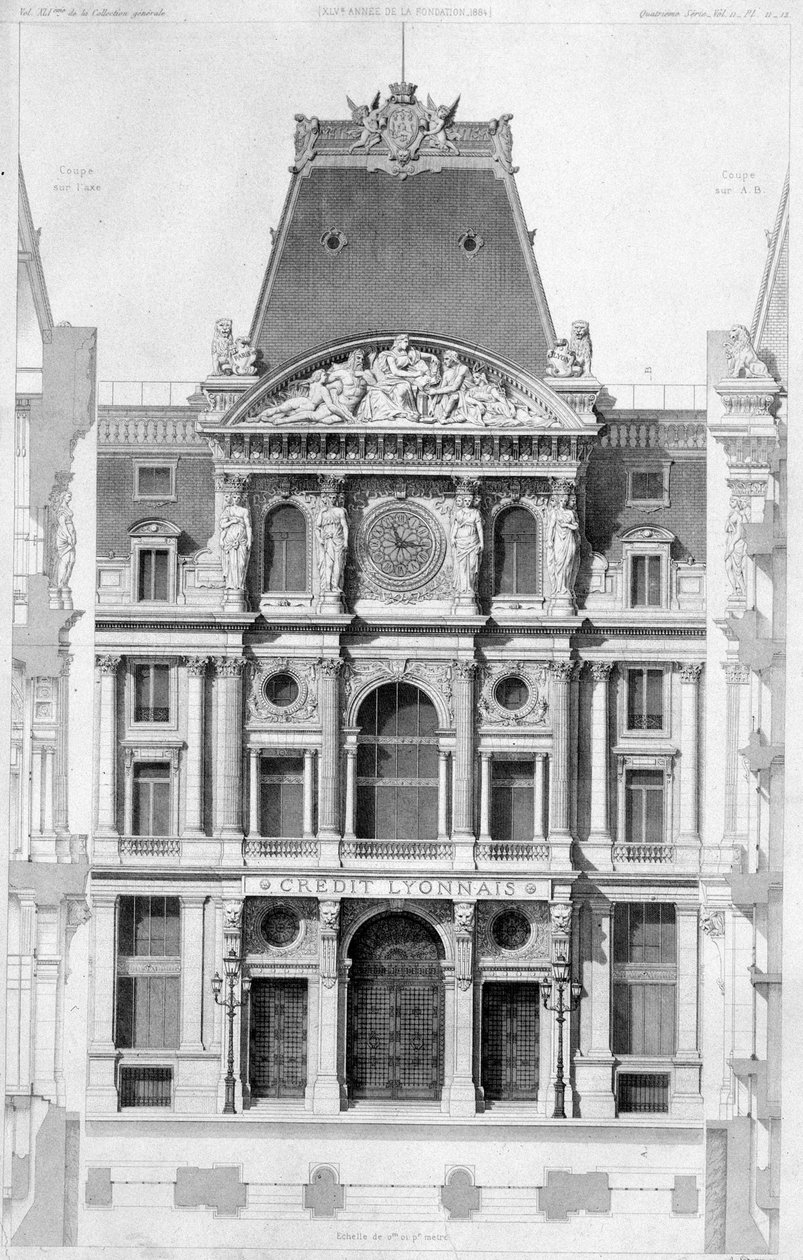 Facaden på Crédit Lyonnais, bd des Italians - gravering, 20. århundrede af French School