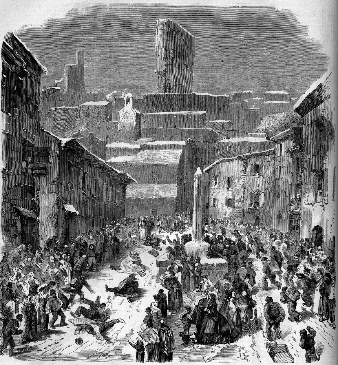 Rutsjebanen i barriots (slædekørsel) i Bourdeaux, Drome (26), vinter 1860. Indgravering i “” Le Monde Illustré”” nr. 149 af 18. februar 1860. af French School