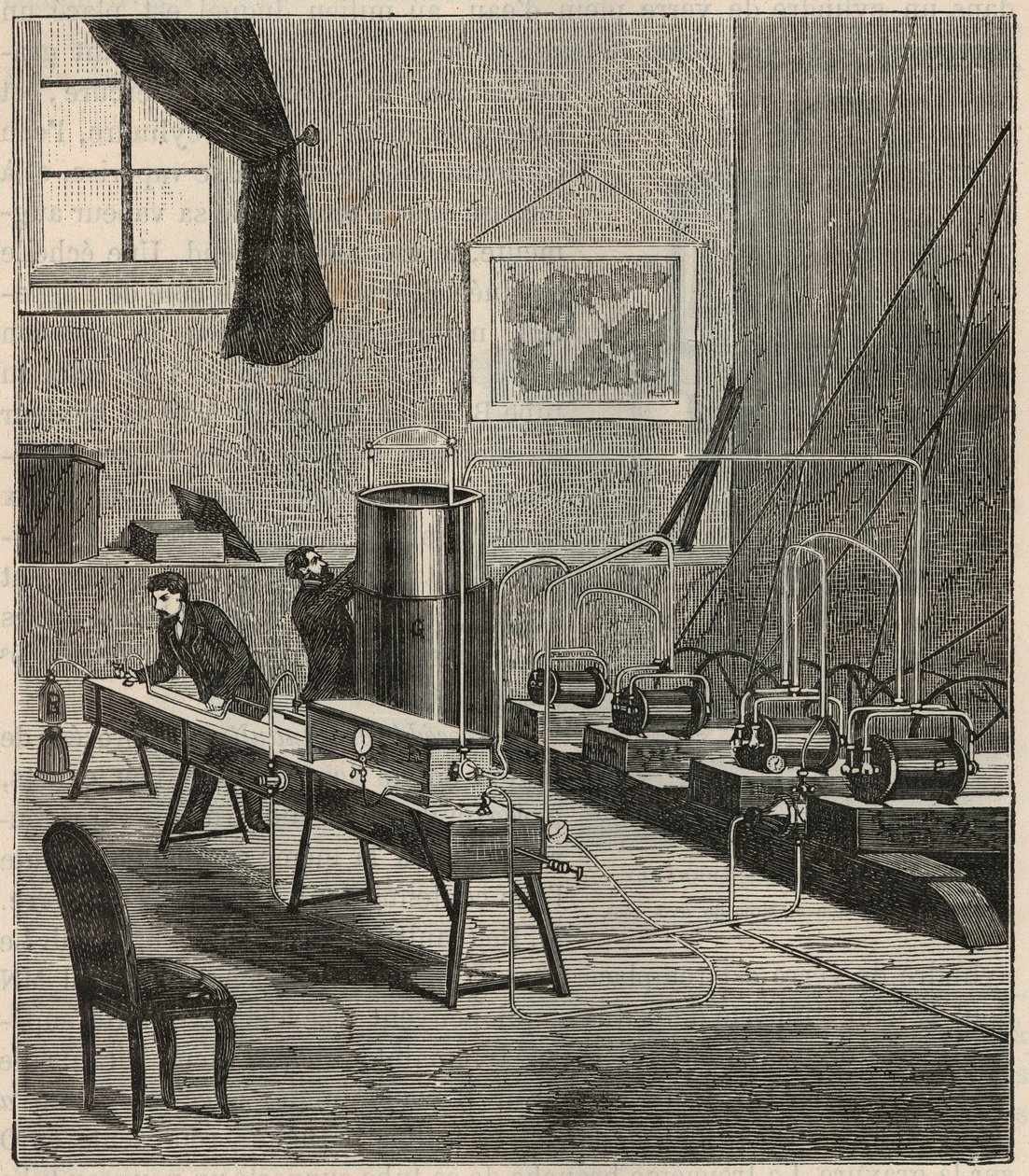 La liquefaction des gaz dans le laboratoire de Raoul Pictet (1878) - Raoul Pierre Pictet (1846-1929) schweizisk fysiker, udfører et eksperiment for at fortætte og størkne brintgas, og studerede egenskaber af stoffer ved lave temperaturer - Gravering i "Sci af French School