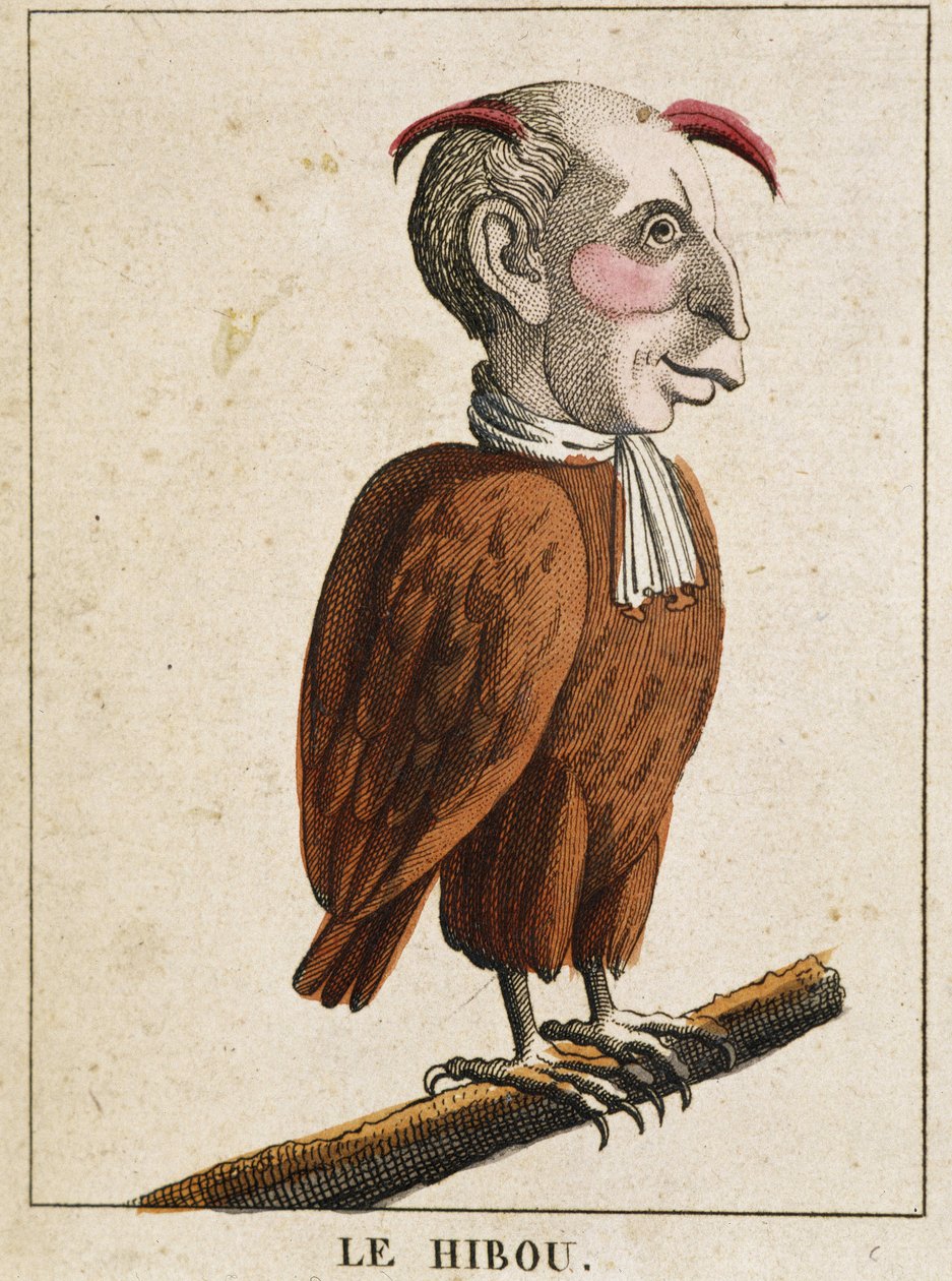 La ugle i karikatur, studie af karakter "" flygtig karakteristik"" sd. 19., populært billedsprog. af French School