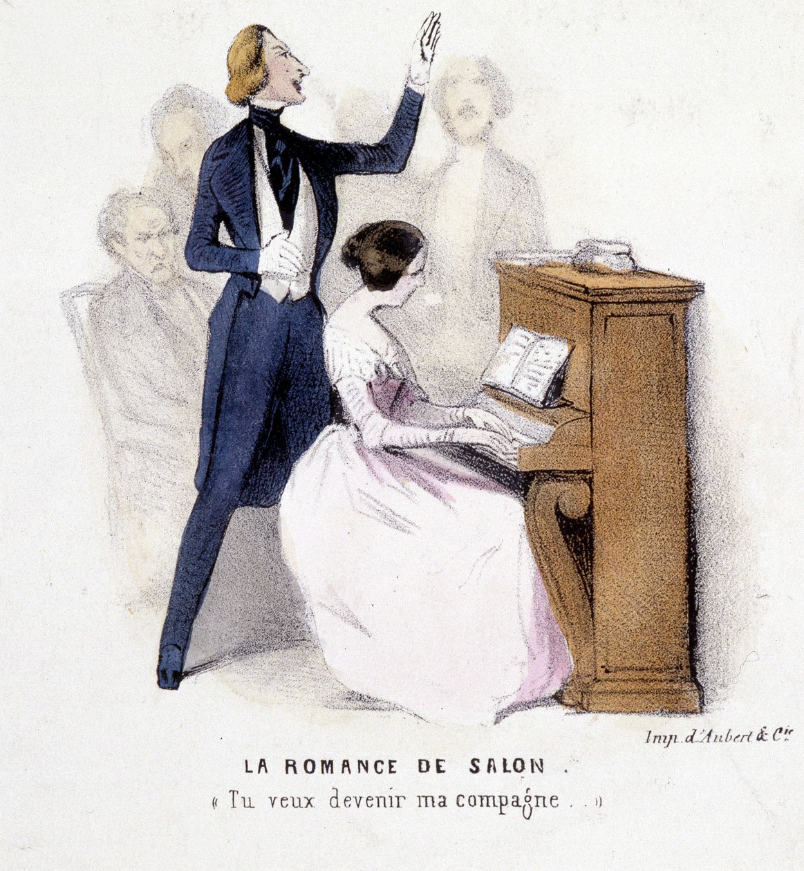 The Salon Romance: Mand synger akkompagnement ved klaveret af en kvinde, af Lonsay, ca. 1845. af French School