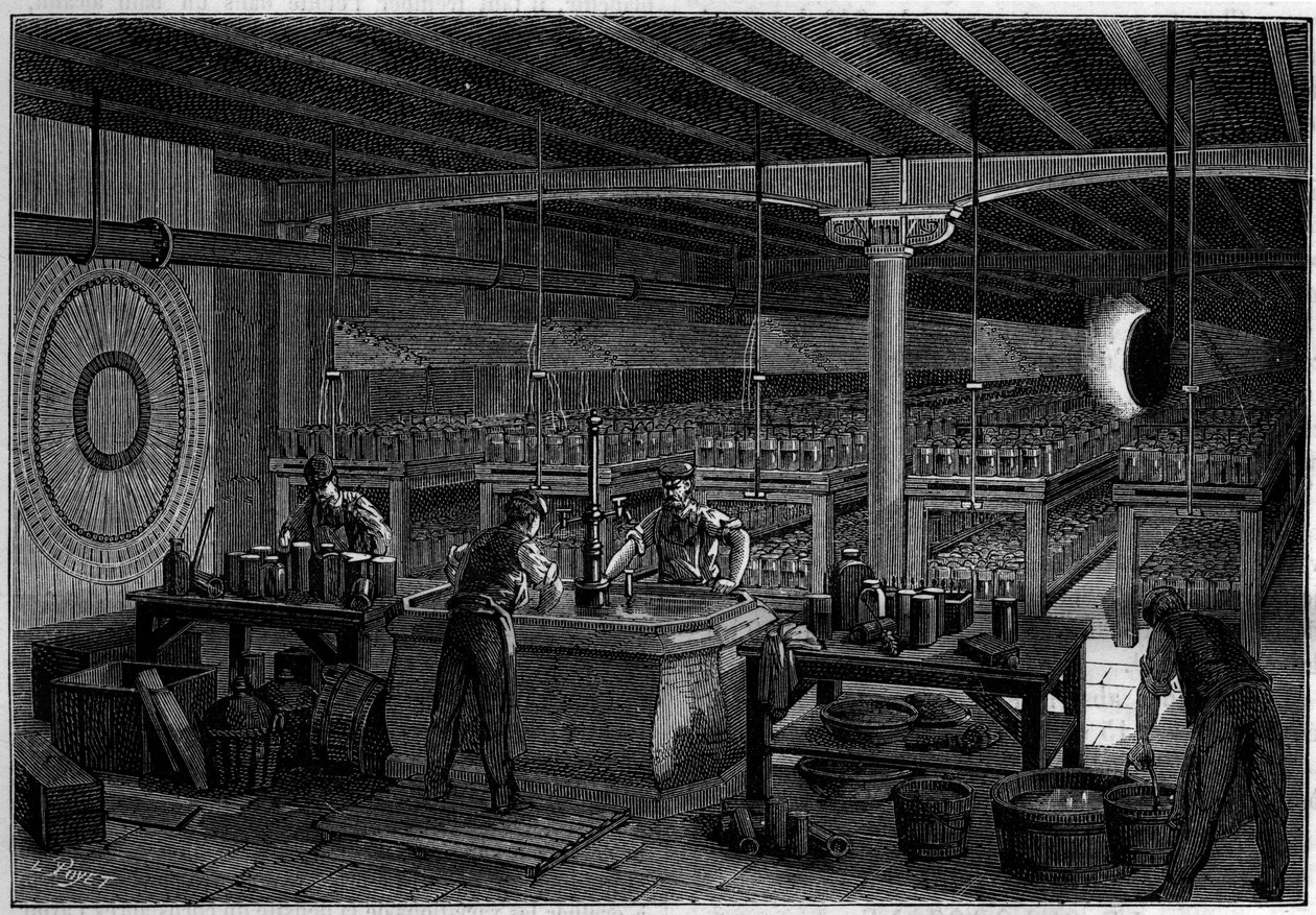 Batterirummet (overflade 400 kvadratmeter) på telegrafernes hovedkontor i Paris. i naturen. Gennemgang af videnskab og dens anvendelser til kunst og industri. 1884. af French School