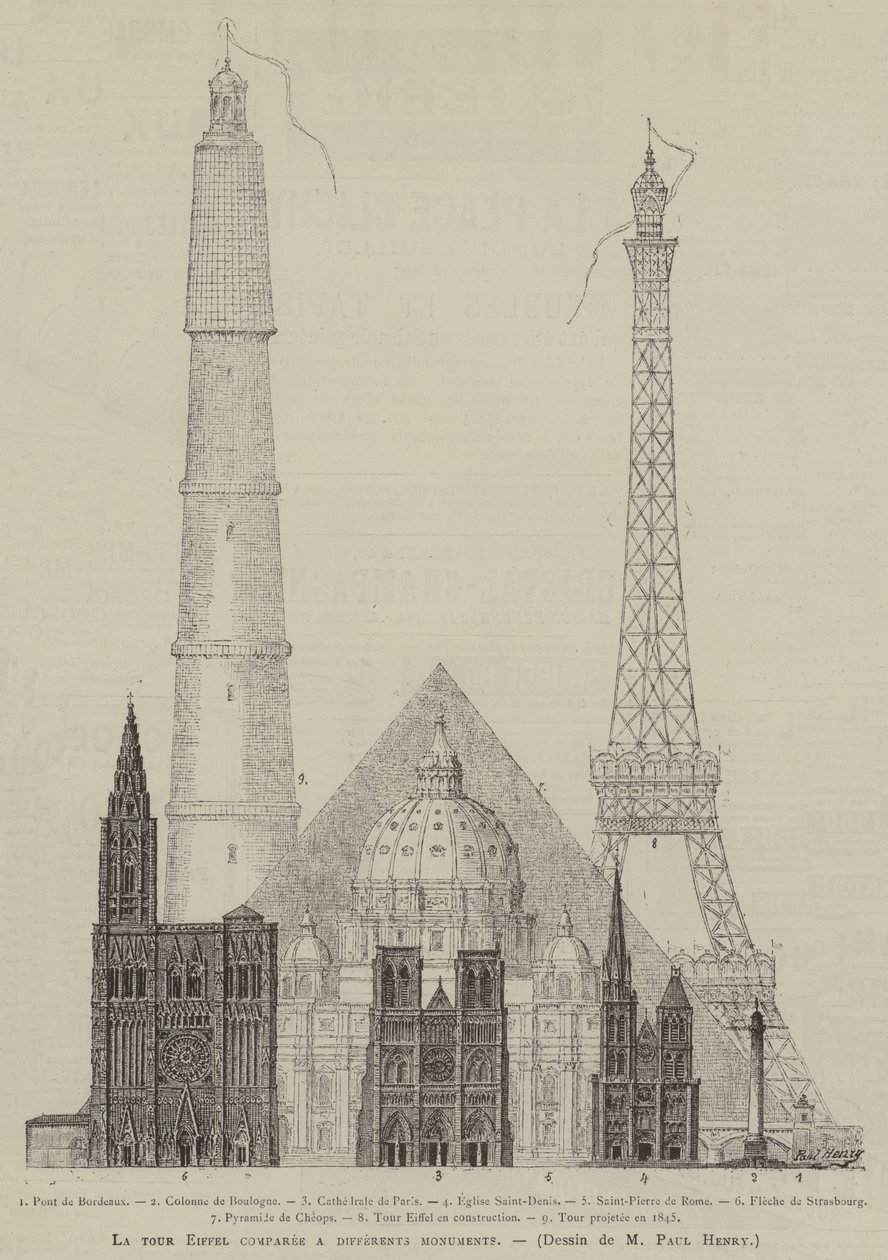 La tour Eiffel comparee a differents monuments (kobberstik) af French School