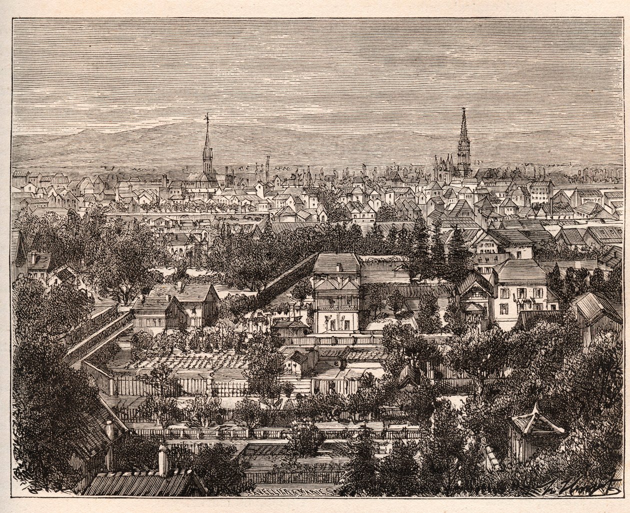Byen Mulhouse (Haut-Rhin) - indgravering i "La France illustrée: geografi, historie, statistisk administration" af V.A. Malt-Brown. 1884 af French School
