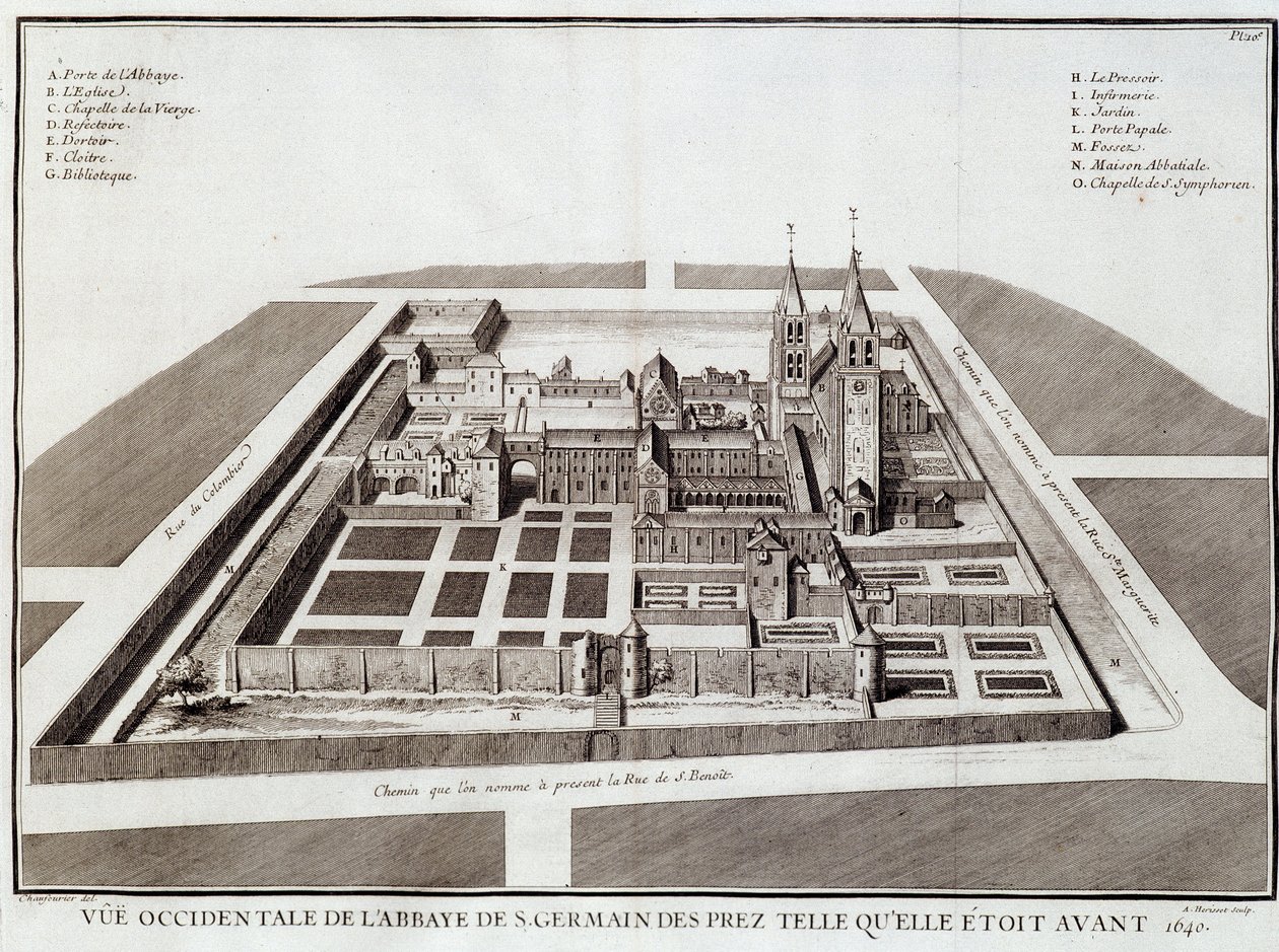 Abbey of Saint Germain før 1640 - i ""History of the Abbey of Saint Germain des Pres"" af Dom Jacques Bouillart, red. Dupuis, Paris af French School