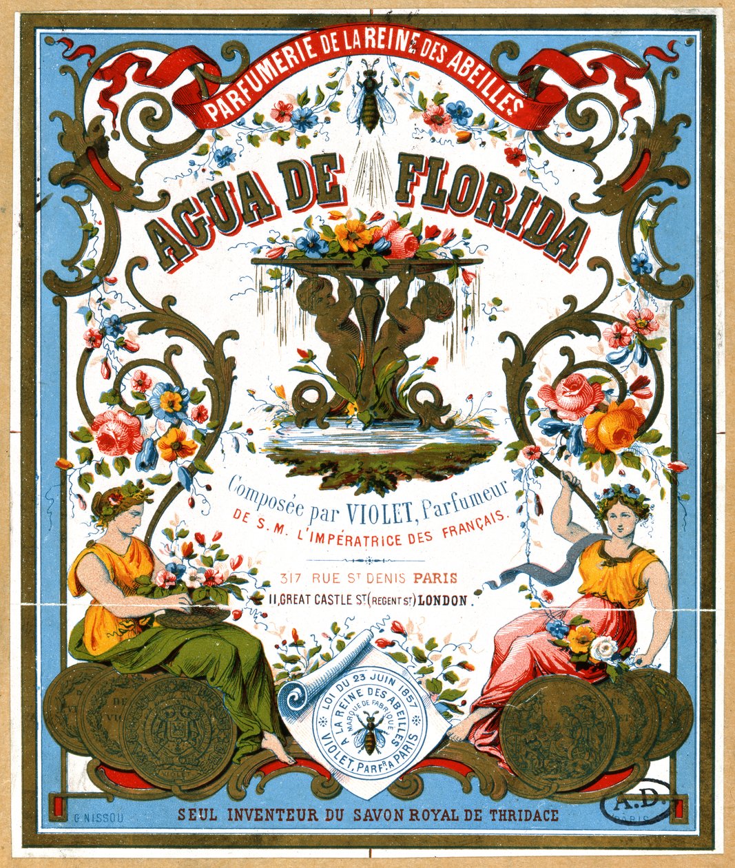 Etiketannoncering Aqua de Florida-parfume fra parfumebutikken La Reine des Abeilles, Paris, 2. halvdel af 1800-tallet af French School