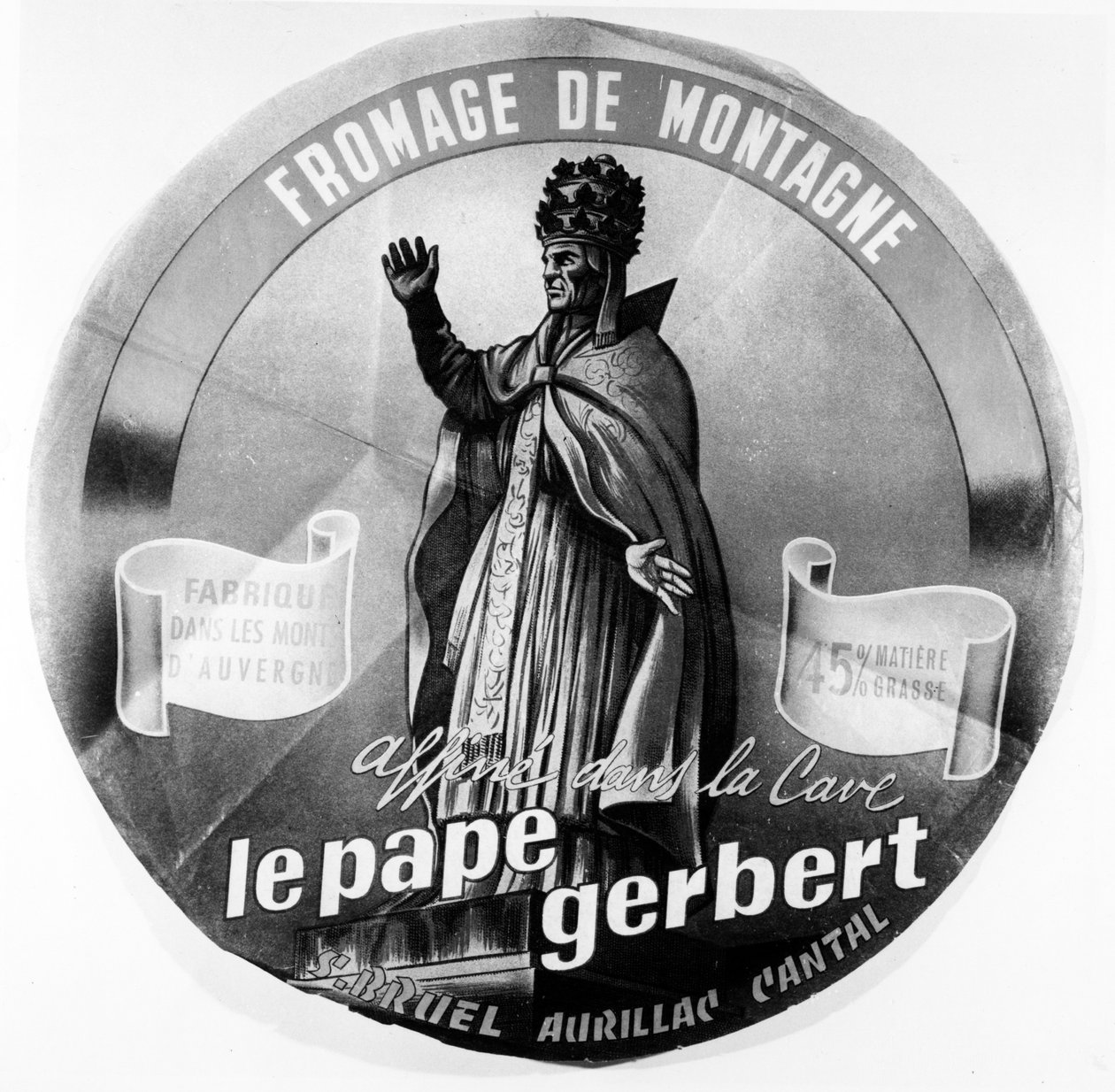 Etiket, der viser Auvergnat-paven Sylvester II for en bjergost fra Auvergne-området i Frankrig af French School