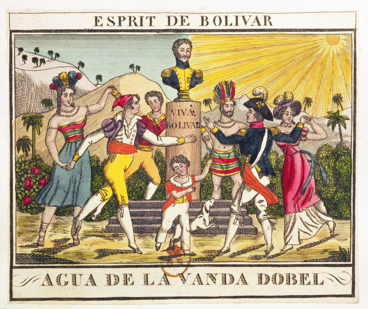 Etiket til lavendelvand, der fremkalder Bolivars ånd, ca. 1830 (farvegravering) af French School