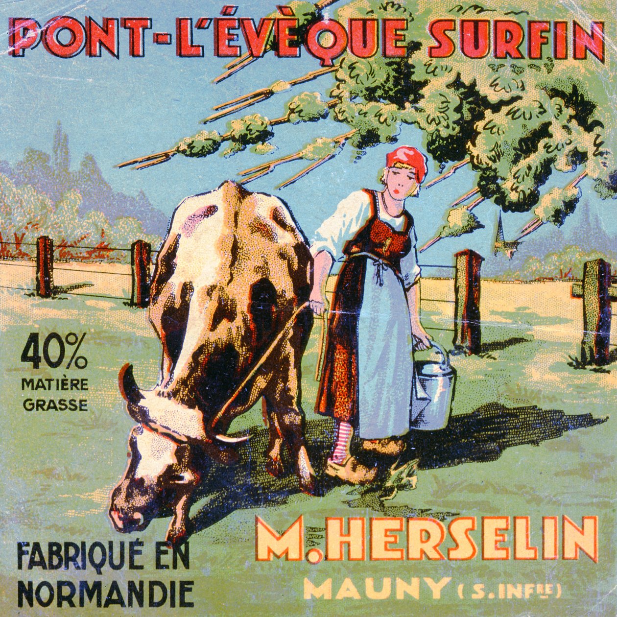 Etiket til Pont-LEveque-ost lavet af ostemageren M. Herselin, begyndelsen af det 20. århundrede af French School