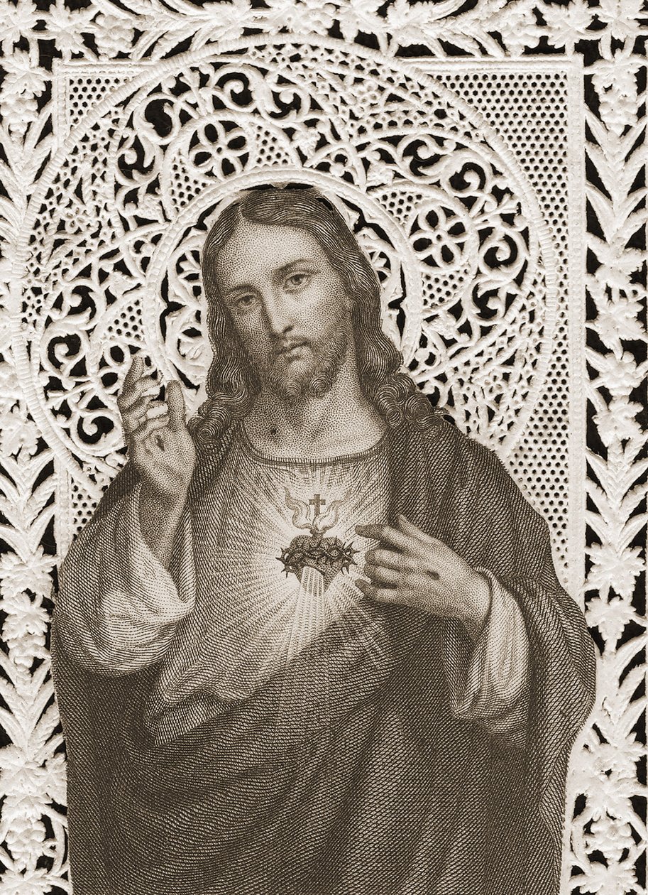 Blondekort, der viser Jesu hellige hjerte, 1800-tallet (bw litho) af French School