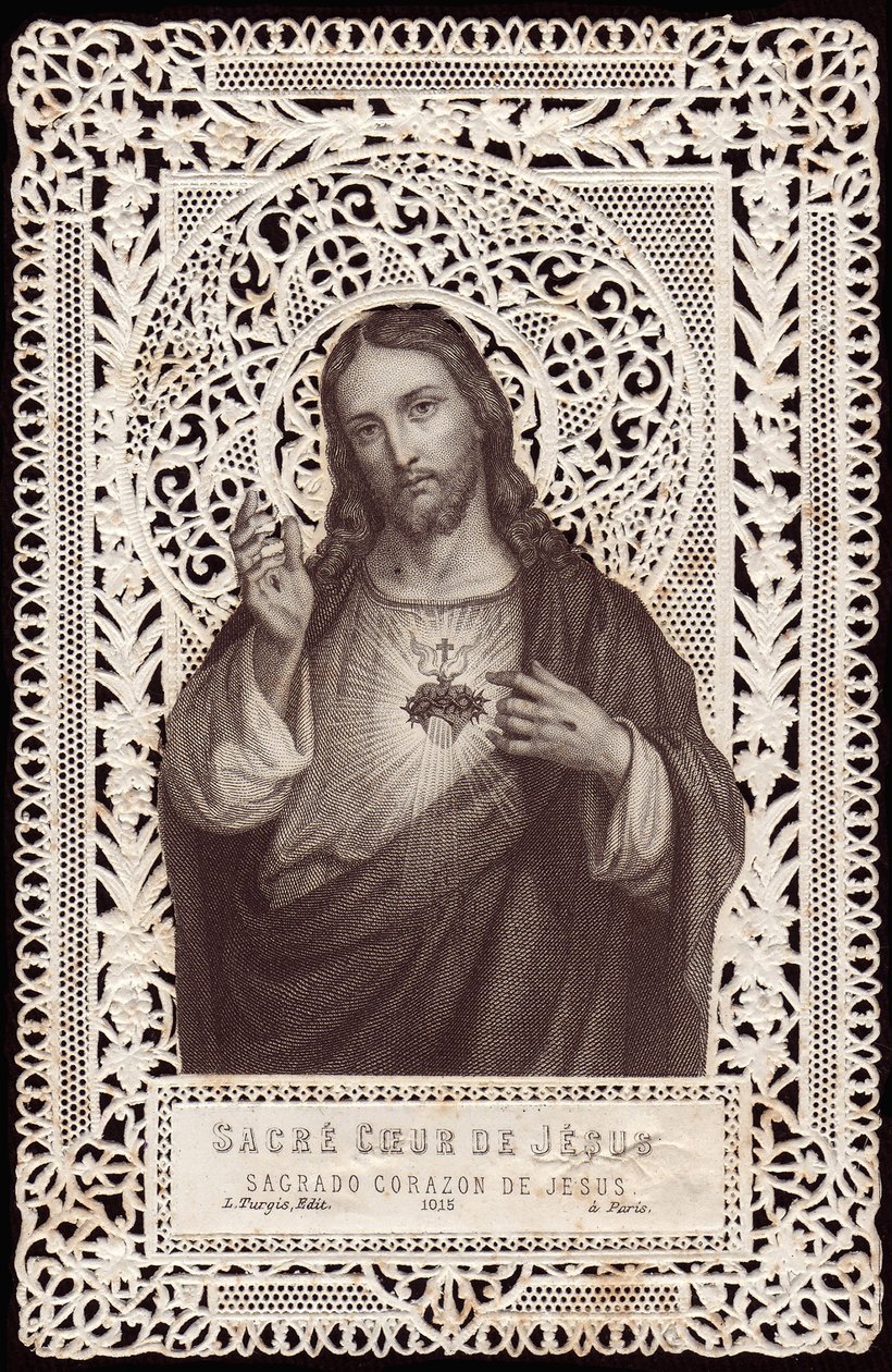 Blondekort, der viser Jesu hellige hjerte, 1800-tallet (bw litho) af French School