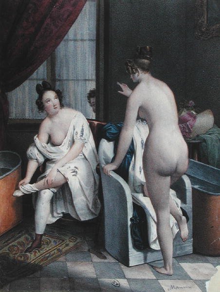 Damer i bad, ca. 1840 (farve litho) af French School