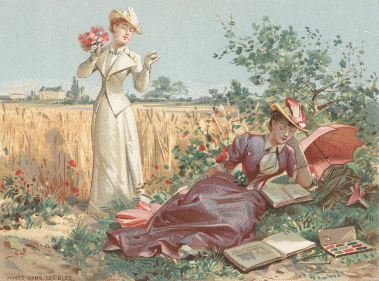 Damer i en kornmark (chromolitho) af French School