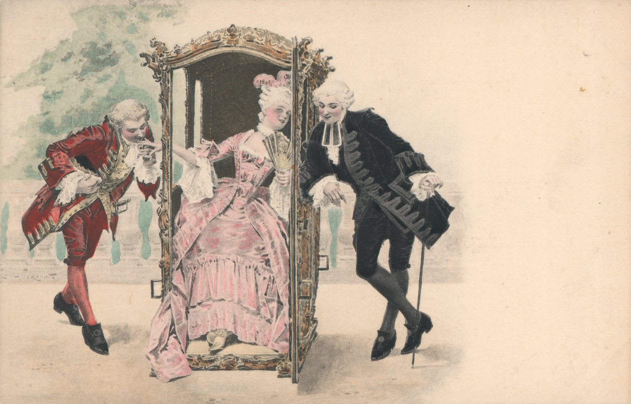 Dame i bærestol med mandlige beundrere (chromolitho) af French School
