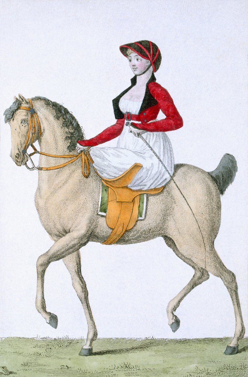 Lady riding sidesadel, fra Costumes Parisien, offentliggjort i Journal des Dames et des Modes, 1798 af French School