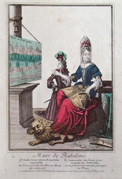 Dame viser et billede af Semiramis og Babylons hængende haver (farve litho) af French School