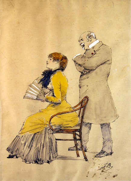 Dame med vifte og en herre (akvarel, blyant og gouache på papir) af French School