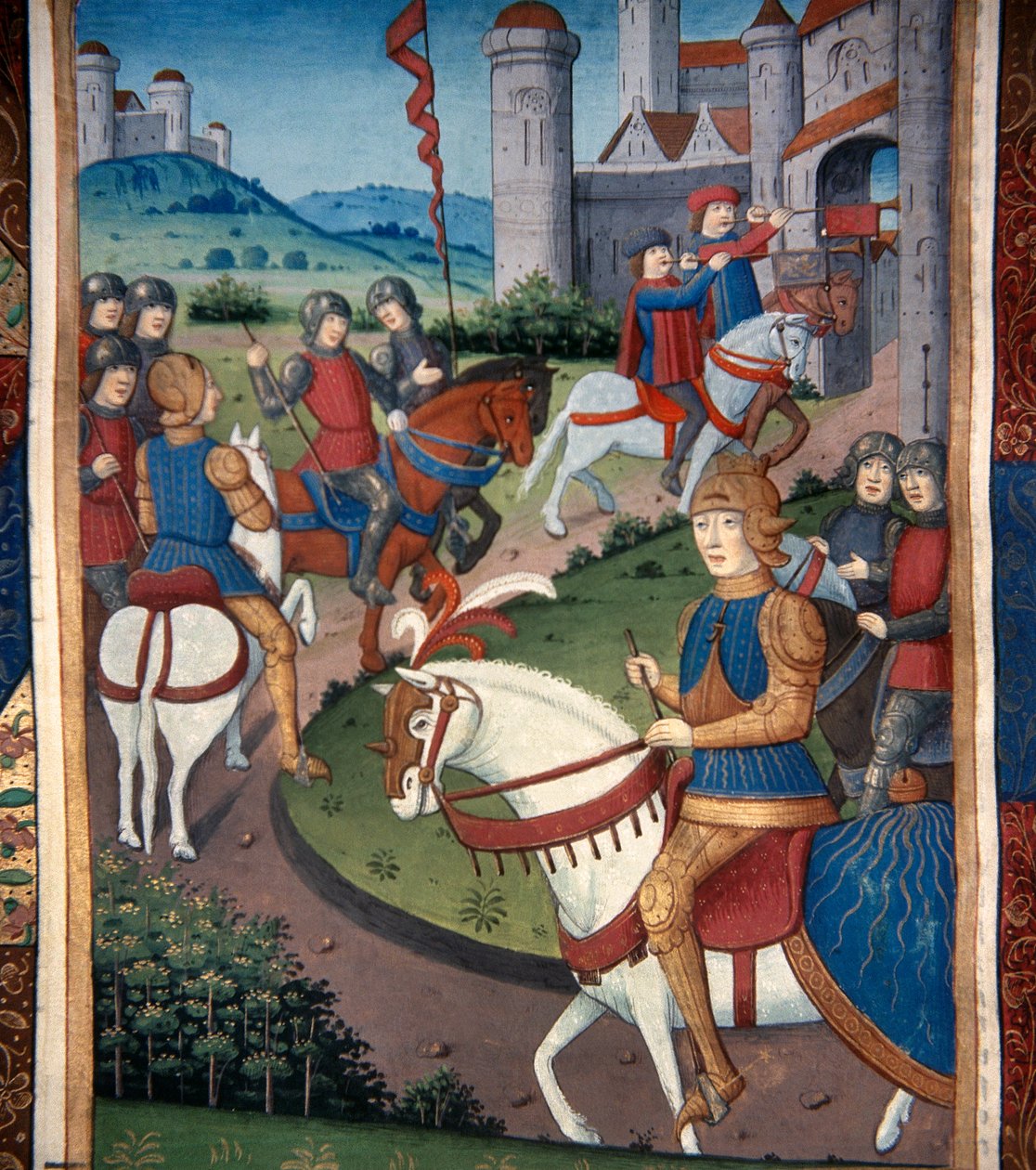 Lancelot ankommer til en fransk landsby (vellum) af French School