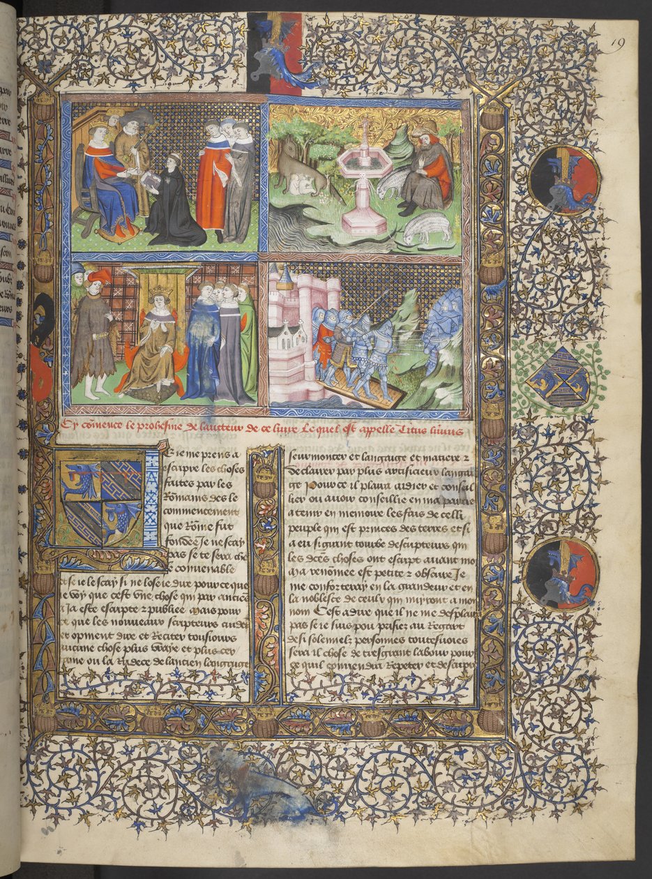 Lansdowne 1178 f. 19 miniaturer inklusive detaljer af riddere i hjelme med visirer på en vindebro, der forsvarer en by mod at angribe riddere med spyd, ca. 1415-20 (vellum) af French School