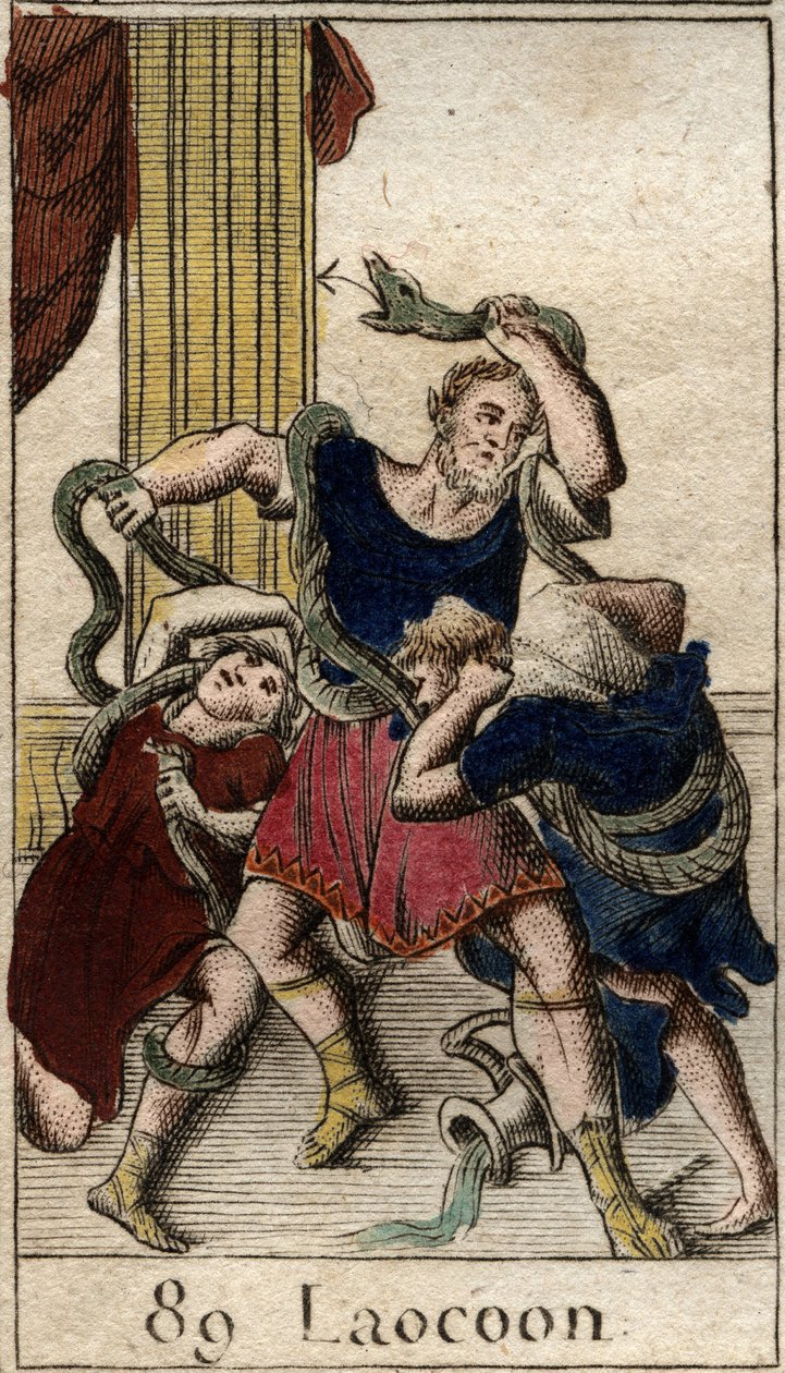 Laocoon Minerve, der støtter grækerne, sender havslangerne for at angribe Laocoon, som advarer indbyggerne i byen Troja mod hesten. Slanger kastede sig over hans to sønner og flyttede dem og angreb derefter Laokoon. (Minerva støtter grækerne sendte af French School