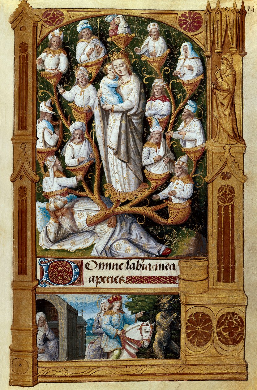 ""Jesses træ"" Jesse, Davids far, hviler nedenunder, over sine efterkommere. Miniature af den franske skole i det 15. århundrede. Madrid, Nationalbiblioteket af French School