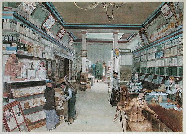 Stor købmandsbutik i England, ca. 1900 (akvarel på papir) af French School