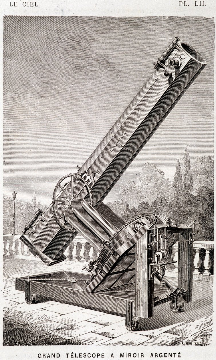 Stort sølvspejlteleskop (Léon Foucault-systemet), ækvatorialt monteret til Marseille-observatoriet - i "" Le Ciel" af Amédée Guillemin, Hachette, Paris af French School