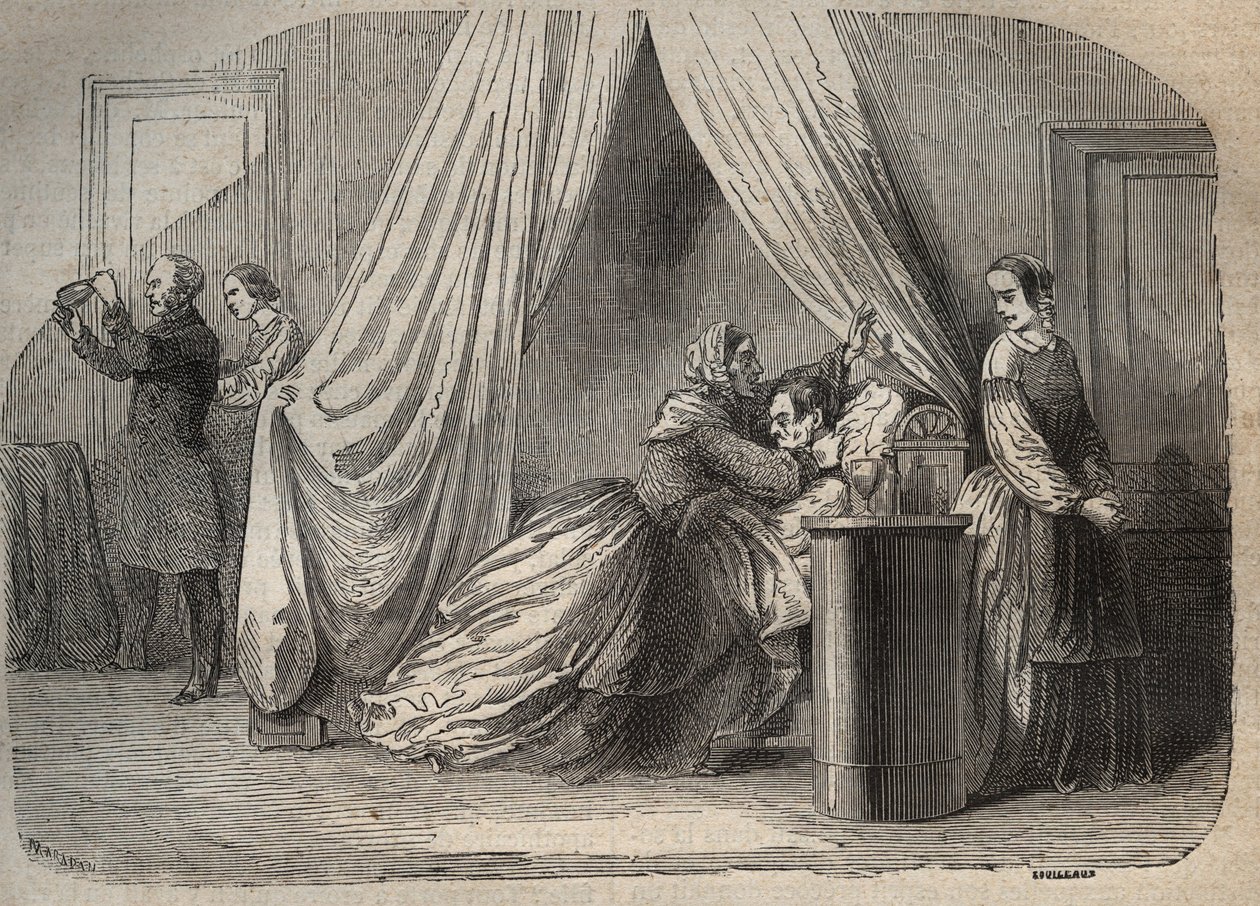 Sidste øjeblikke af Charles Lafarge (1811-1840), ægtemand til Marie Fortunee Capelle, Marie Lafarge (Madame) (1816-1852) fransk kriminel - Indgravering i "Causes celebres de tous les peuples" af Armand Fouquier (1817-18?) 1858 -1867 - privat samling af French School