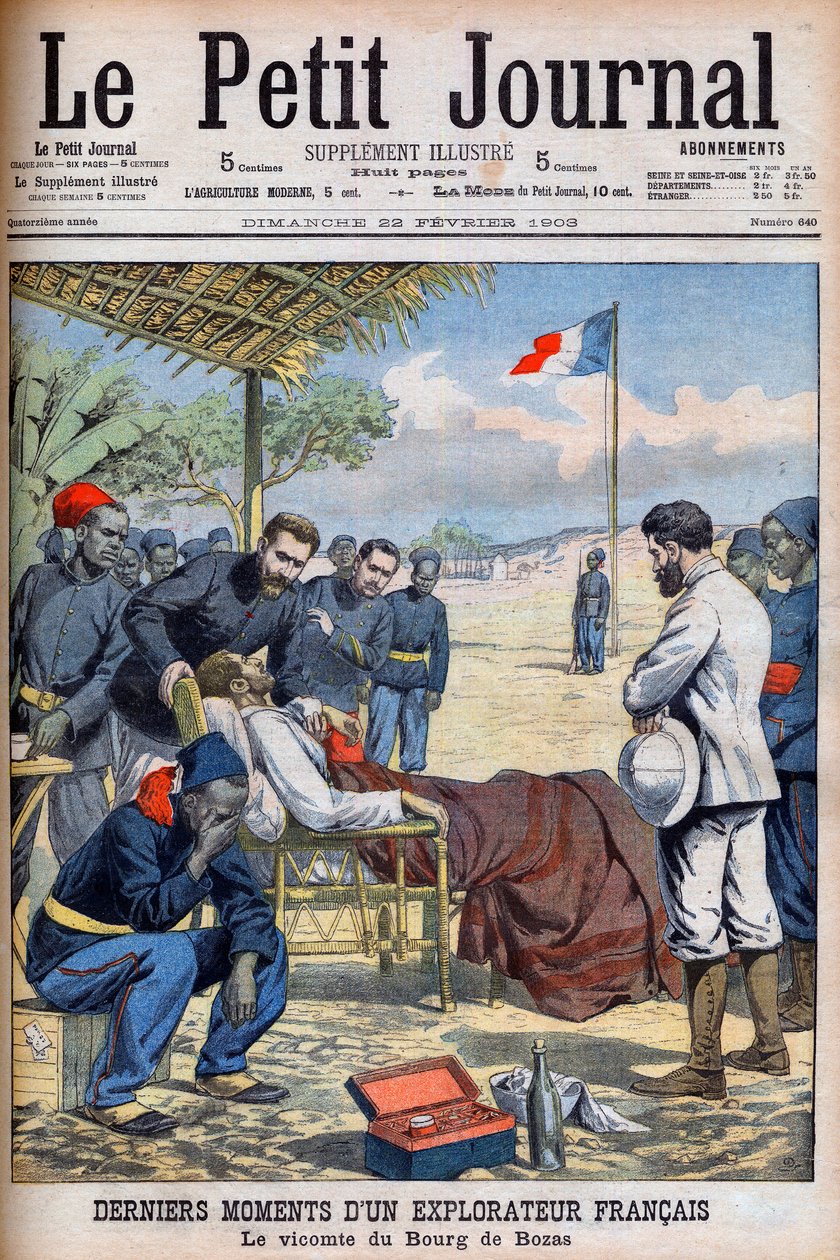 Sidste øjeblikke af en fransk opdagelsesrejsende Viscount Pierre Marie Robert Du Bourg de Bozas (1871-1903) i Bourg de Boza i det tropiske Afrika "Le Petit Journal" 22. februar af French School