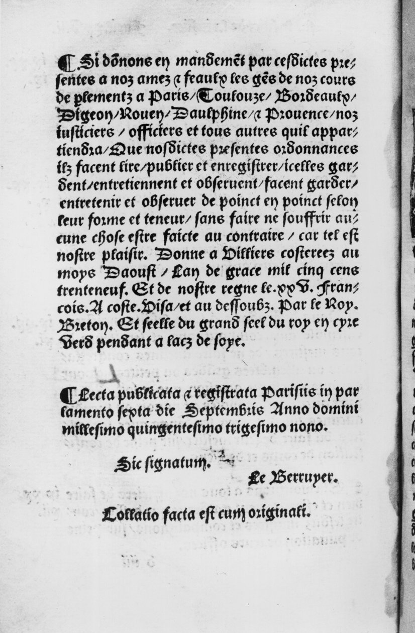 Sidste side af Ordinance of Villers-Cotterets, 1539 (trykt papir) af French School