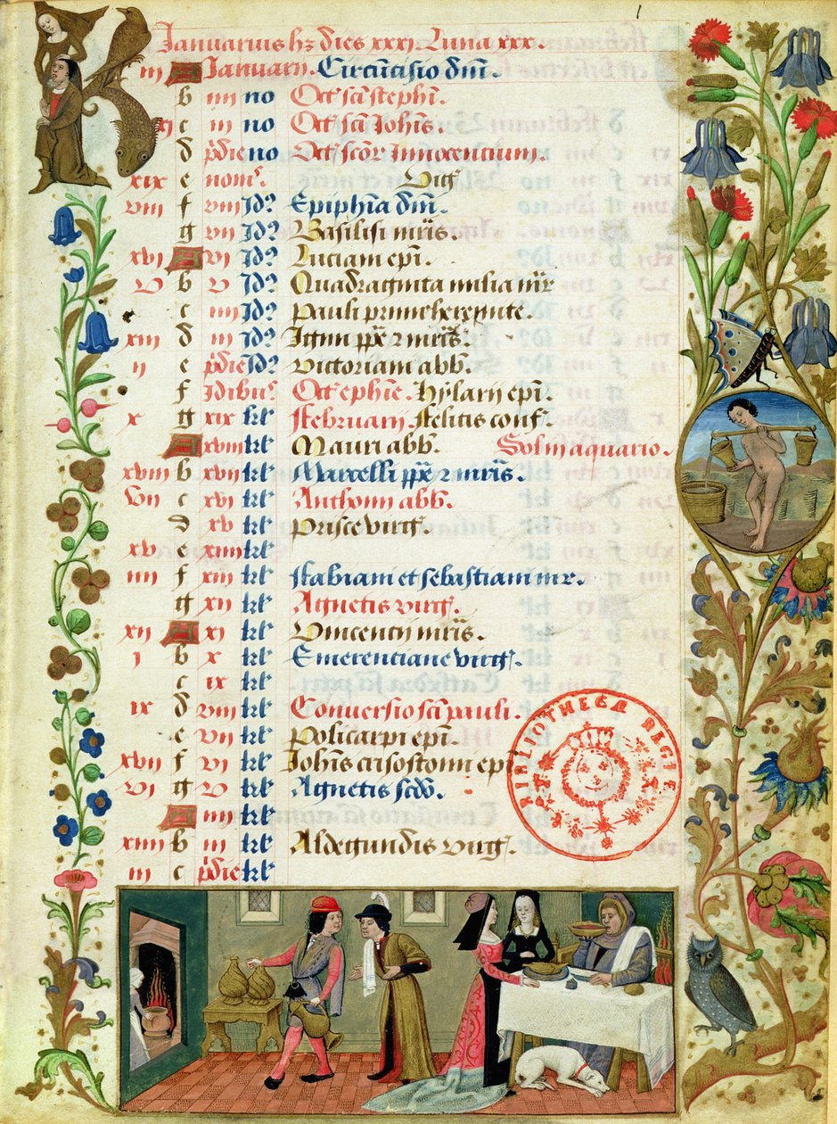 Lat 1173 f. 1 Januar; figurer, der spiser og drikker, af Robinet Testard, fra Charles of Angoulemes timer af French School