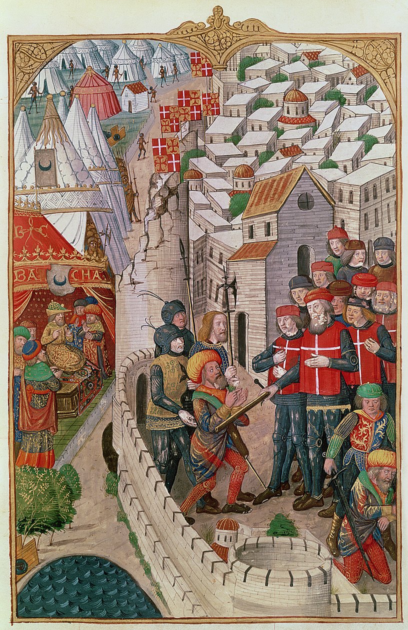 Lat 6067 f.39 Henrettelsen af de to tyrkere, der havde infiltreret Rhodos og konspirerede for at forgifte kommandanten for garnisonen i 1480, fra A History of the Siege of Rhodes, af Guillaume Caoursin, 148 af French School