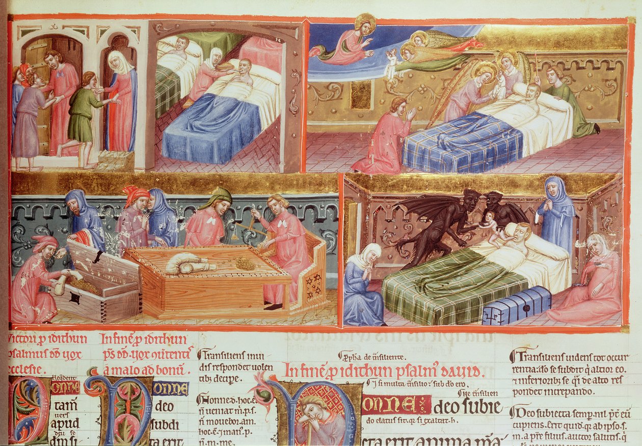 Lat 8846 f.106 God mand bliver ført til himlen og grådig mand til helvede, fra Hebraica Romana Gallica af French School