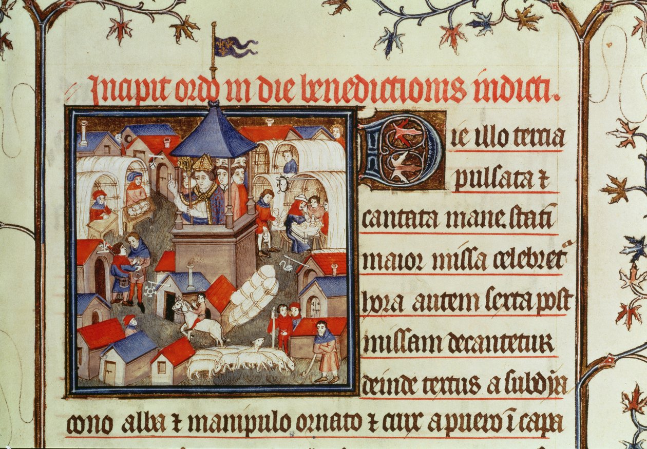 Lat 962 f.264 Miniature af en biskop, der velsigner den årlige messe eller marked, der afholdes i to uger i juni på St. Denis sletter, fra en pontifical, 1301-1400 af French School