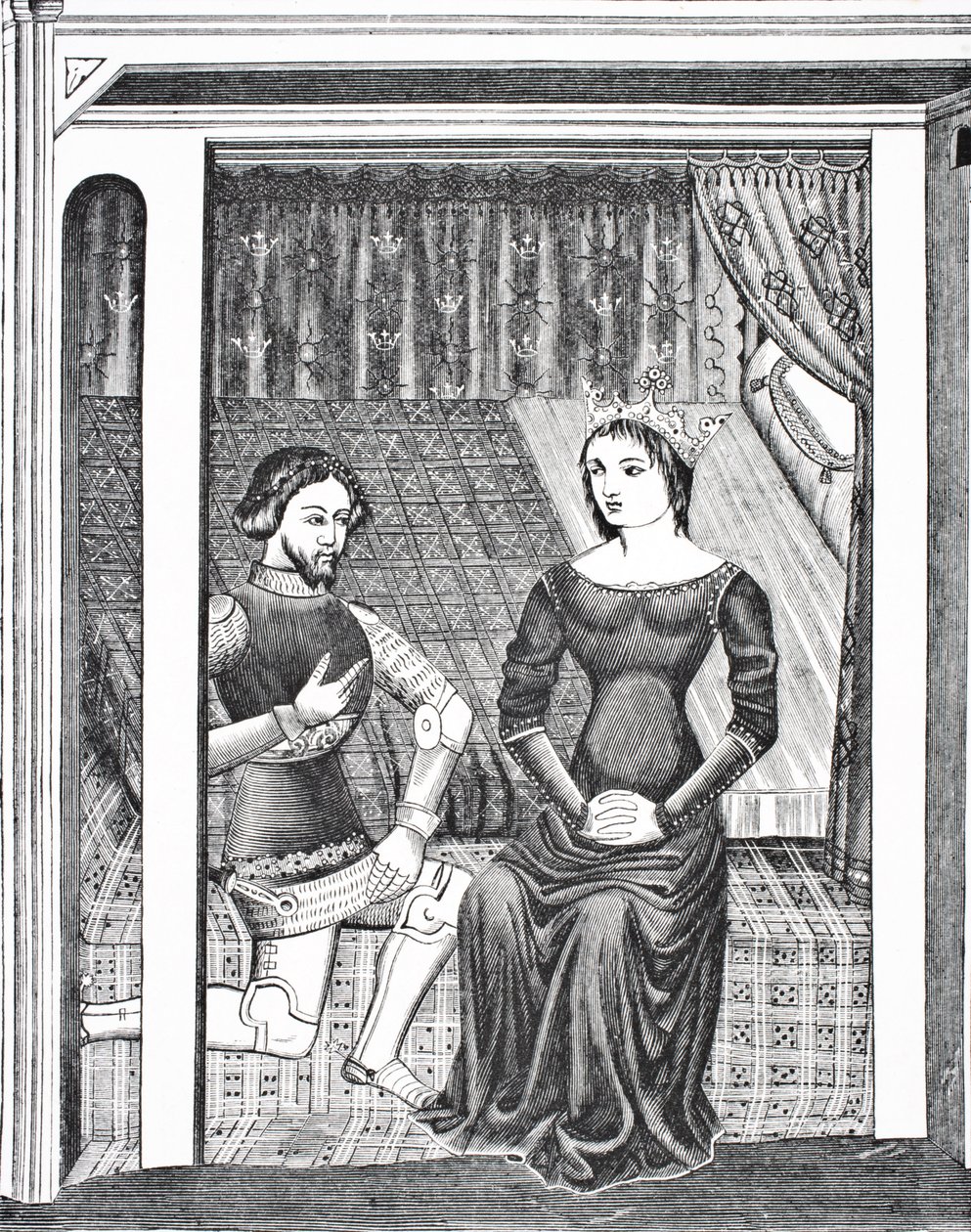 Launcelot og Guinevere, efter en miniature fra et manuskript fra det 14. århundrede, fra Science and Literature in The Middle Ages af Paul Lacroix pub. London 1878 af French School
