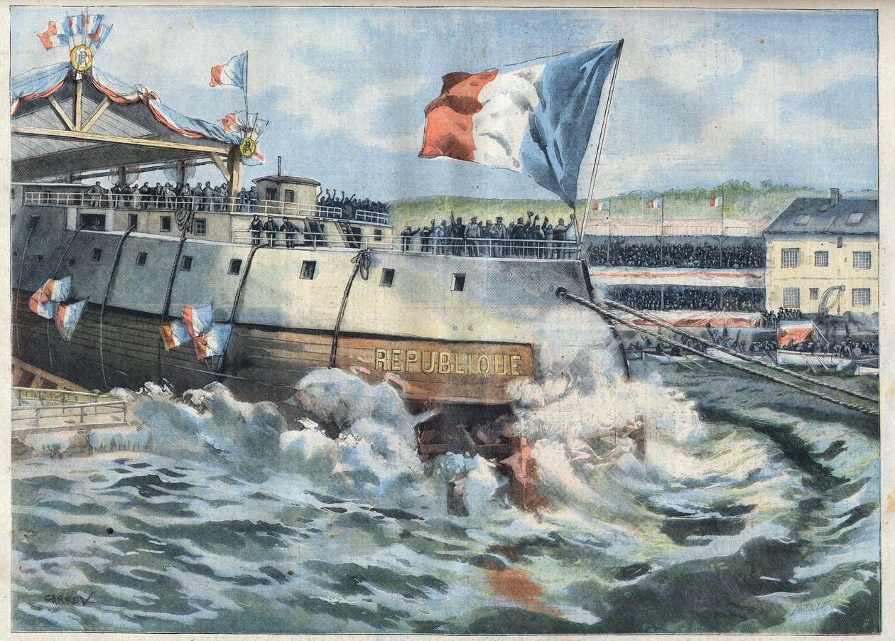 Lancering af Cuirasse ""Republique"" i Brest, Frankrig. Gravering i "" Le Petro Parisien"" af French School