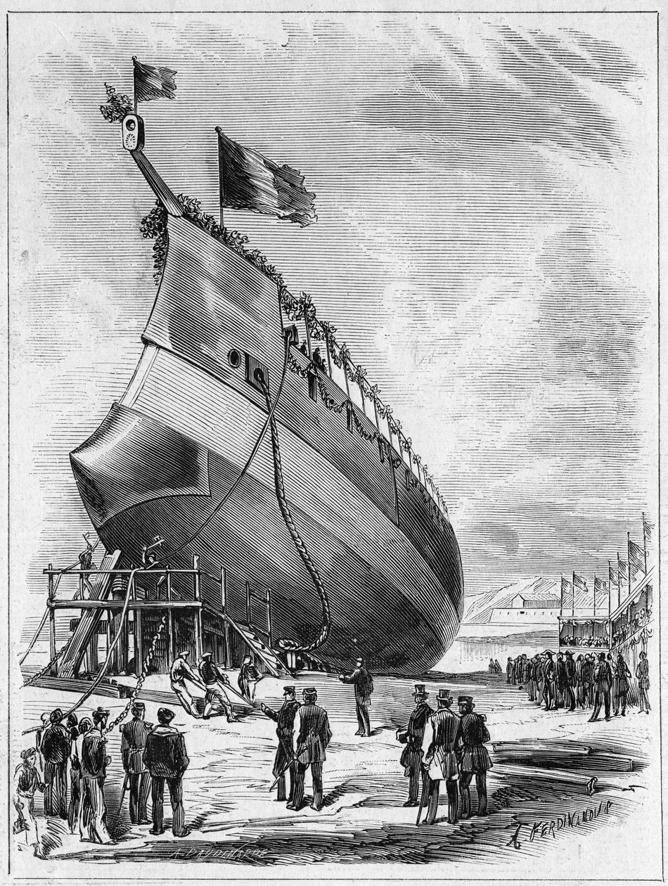 Lancering af panserskibet "" La Galissonniere"", 7. maj 1872 i havnen i Brest, Finistere (29). Indgravering i "" Le Monde Illustré"" nr. 789 af 25. maj 1872. af French School