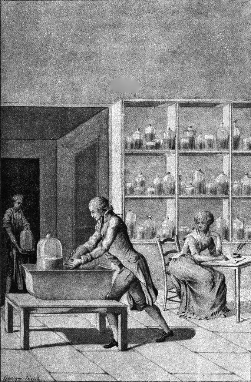 Lavoisier i sit laboratorium i Arsenalet, der demonstrerer et eksperiment på respiration, 1700-tallet af French School
