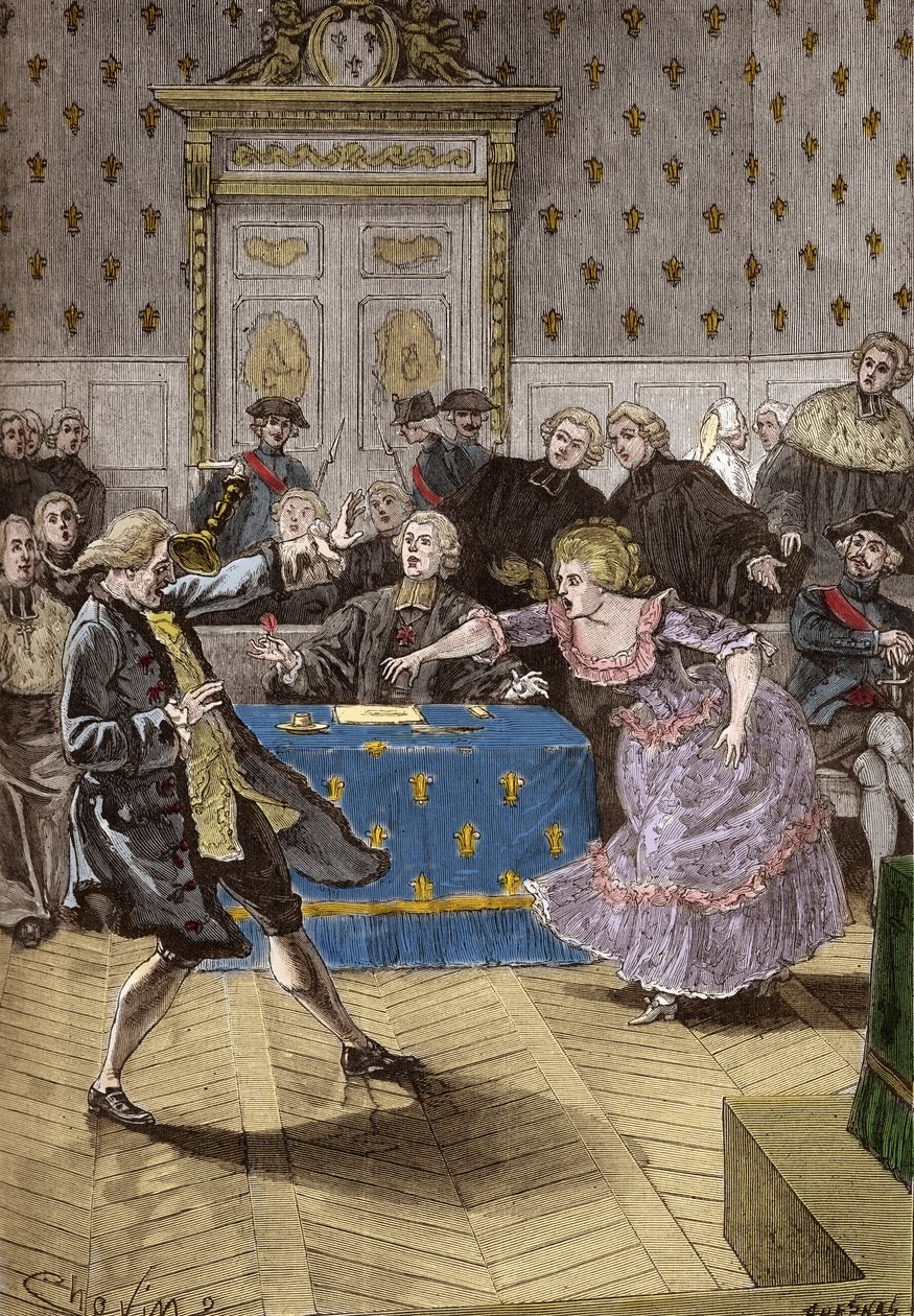 Retssag om affæren om halskæden af dronningen Marie-Antoinette - Foran parlamentet i Paris skubbede Cagliostro den falske grevinde af Lamotte-Valois for langt, en intrigant, der bedragede kardinal af Rohan. 31. maj af French School