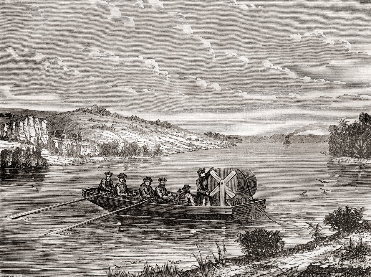 At lægge et telegrafkabel under en amerikansk flod ca. 1860, fra Les Merveilles de la Science, udgivet ca. 1870 (gravering) af French School
