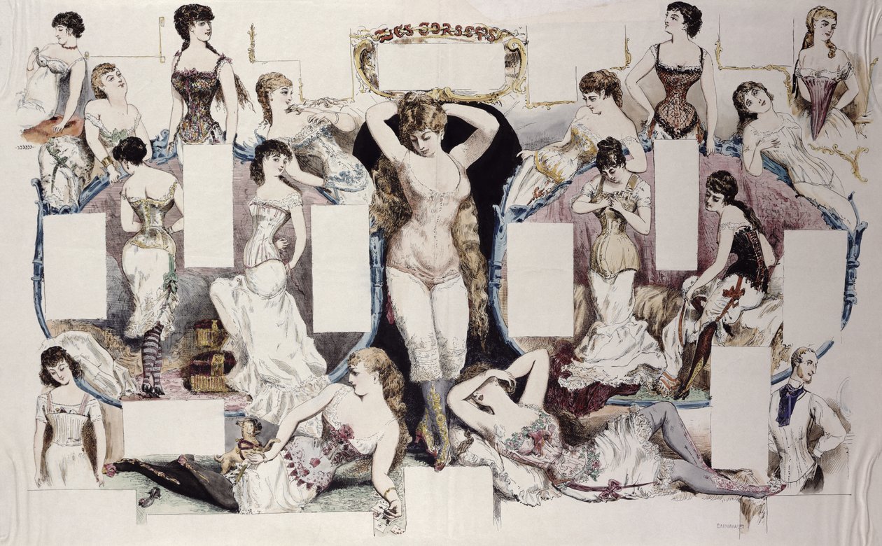 Layoutillustrationer til en artikel om dameundertøj, fra La Vie Parisienne, ca. 1870 af French School