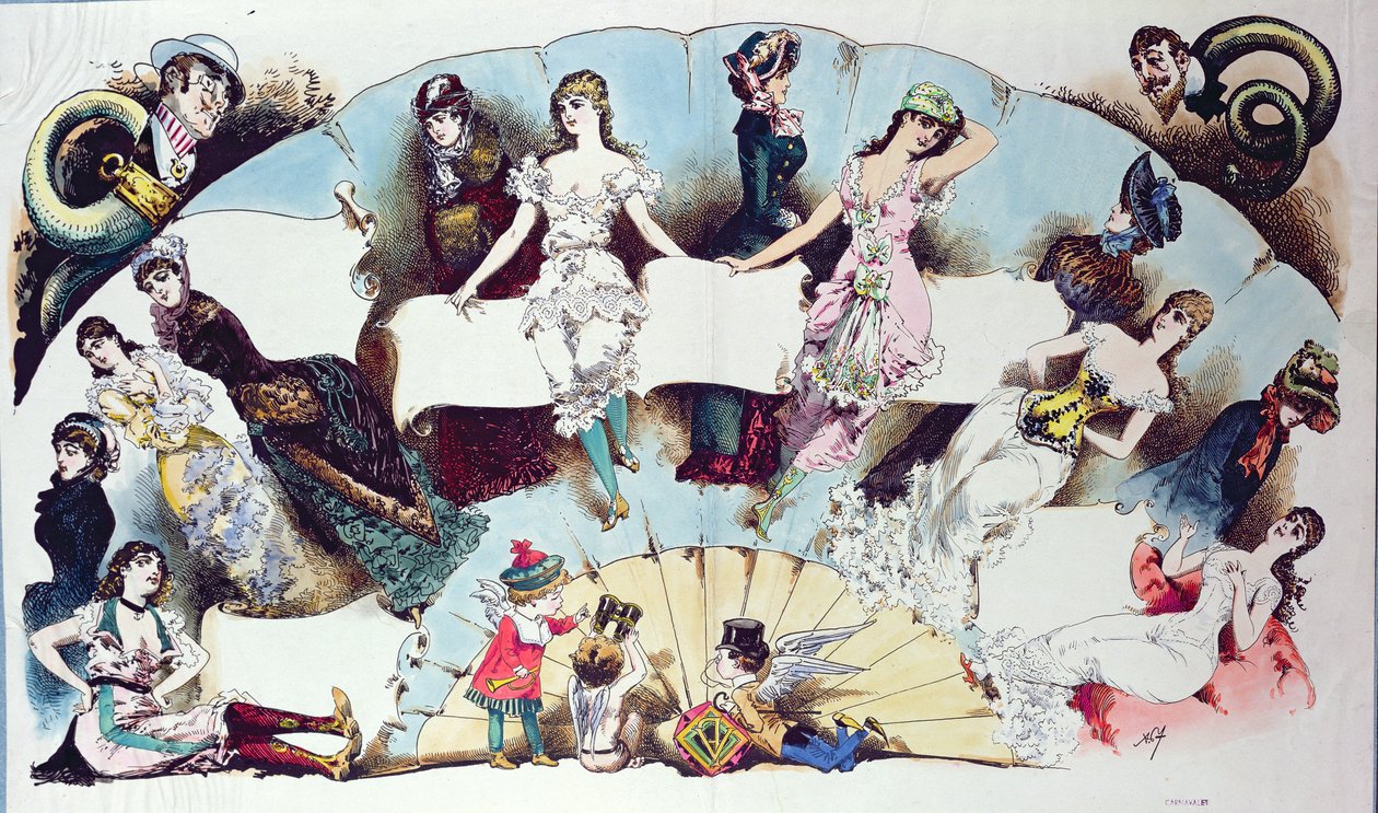 Layoutillustrationer til en artikel om dameundertøj, fra La Vie Parisienne, ca. 1870 af French School