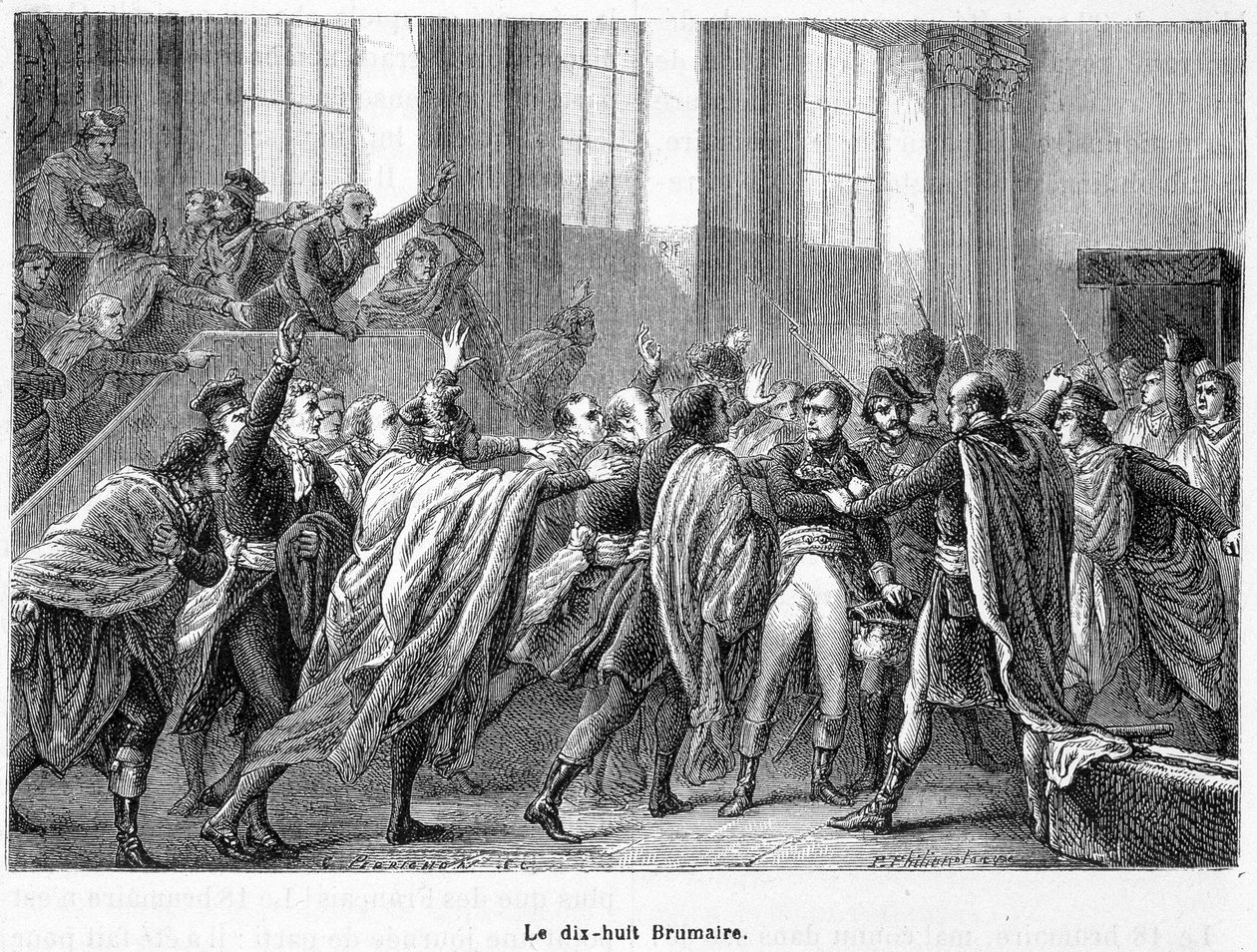 18 Brumaire år 8: Napoleons statskup i Saint-Cloud i Conseil des Cinq-Cents (Fem Hundrede) (værelse på 500) - i "La France Populaire" af French School