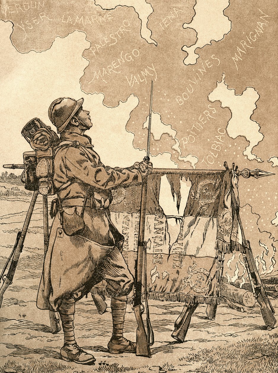 Le Bleuet. Symbol på hukommelse og solidaritet i Frankrig, for veteraner og ofre for den første verdenskrig. Fransk propagandaillustration fra 1. verdenskrig, der fremkalder franske sejre gennem tiderne. Fra Agenda Buvard du Bon Marche udgivet 1917. af French School