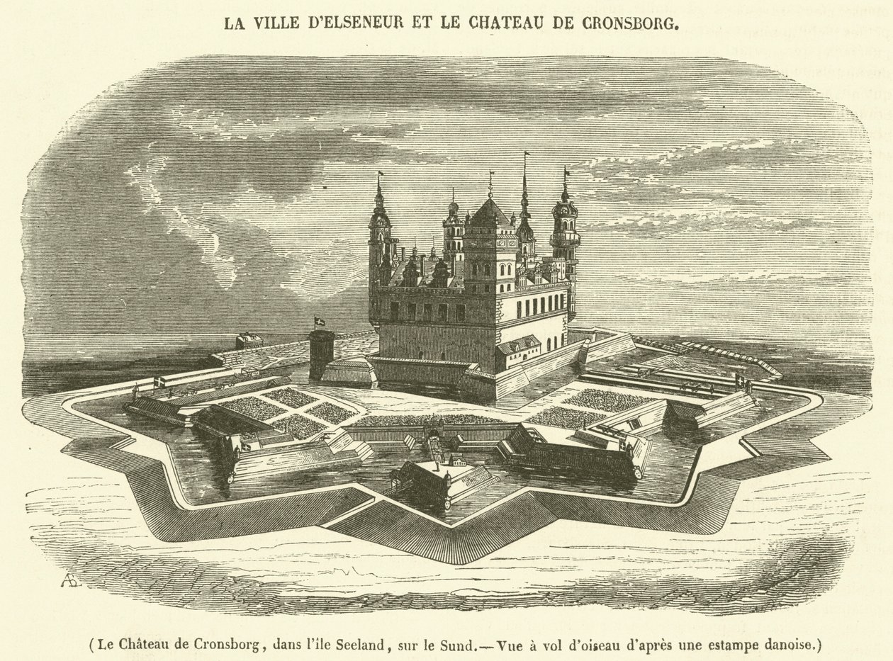Cronsborg Slot, på øen Seeland, ved Sundet, fugleperspektiv (kobberstik) af French School
